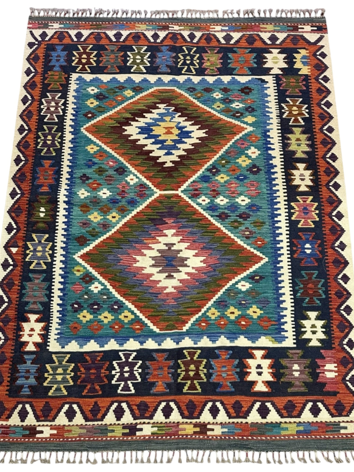 Afghan Kilim Rug 5x7, Navy, Blue & Rust, Hand-Woven Wool Flatweave, view 2