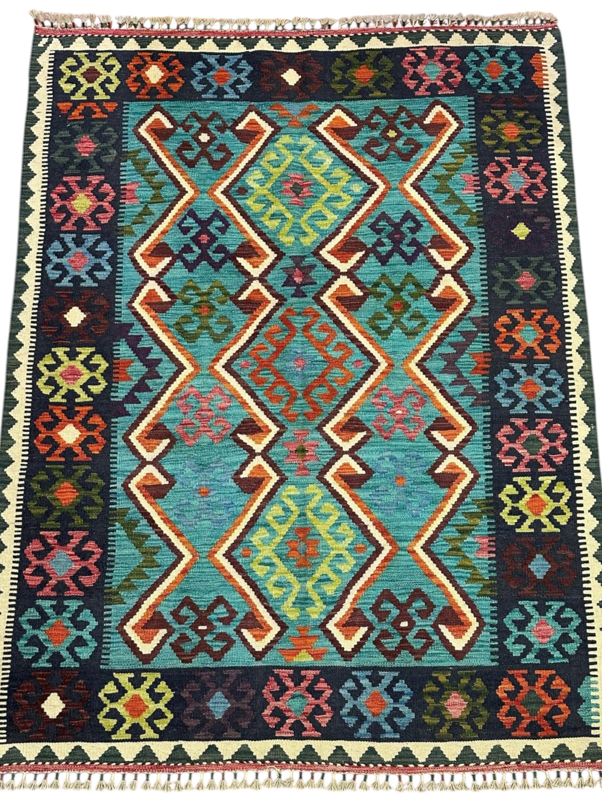 Afghan Kilim Rug 5x7, Teal, Navy & Rust, Diamond Medallion Wool Flatweave, view 2