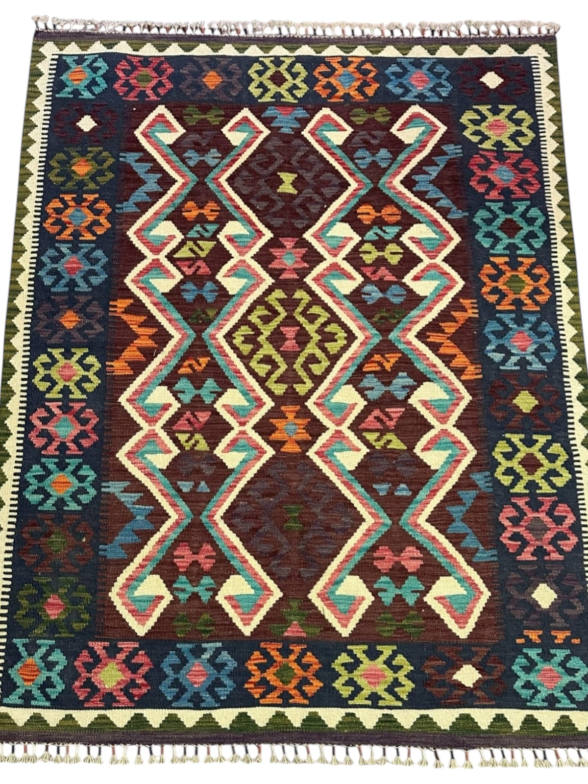 Afghan Kilim Rug 5x6, Brown, Navy & Pink, Hand-Woven Wool Flatweave, view 2