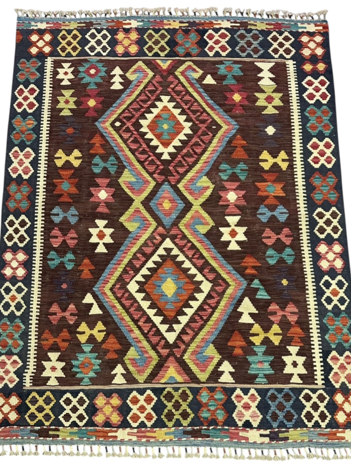 Afghan Kilim Rug 5x6, Brown, Navy & Ivory, Hand-Woven Wool Flatweave, view 2