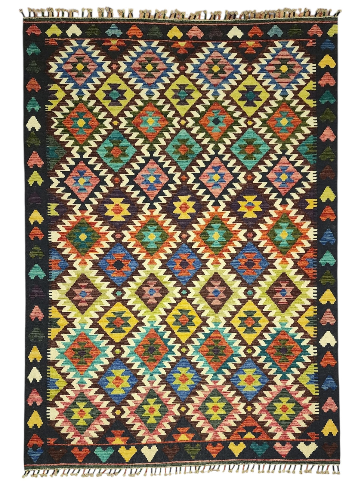 Afghan Kilim Rug 5x7, Navy, Rust & Ivory, Hand-Woven Wool Flatweave