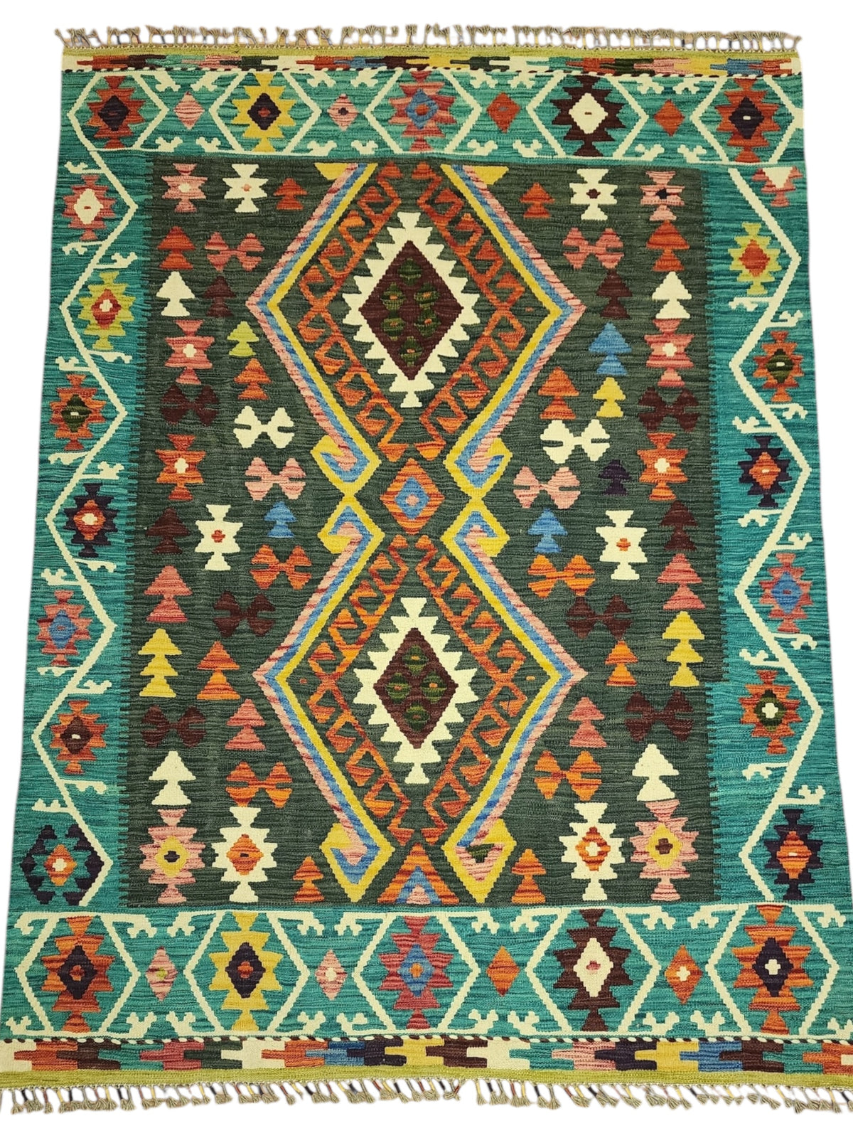 Afghan Kilim Rug 5x7, Teal, Green & Rust, Hand-Woven Wool Flatweave, view 2
