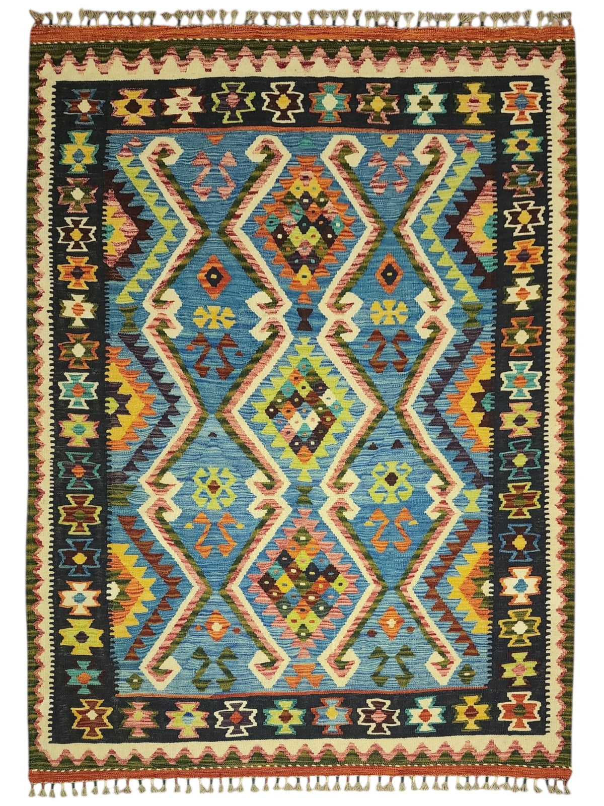 Afghan Kilim Rug 5x7, Blue, Navy & Ivory, Hand-Woven Wool Flatweave
