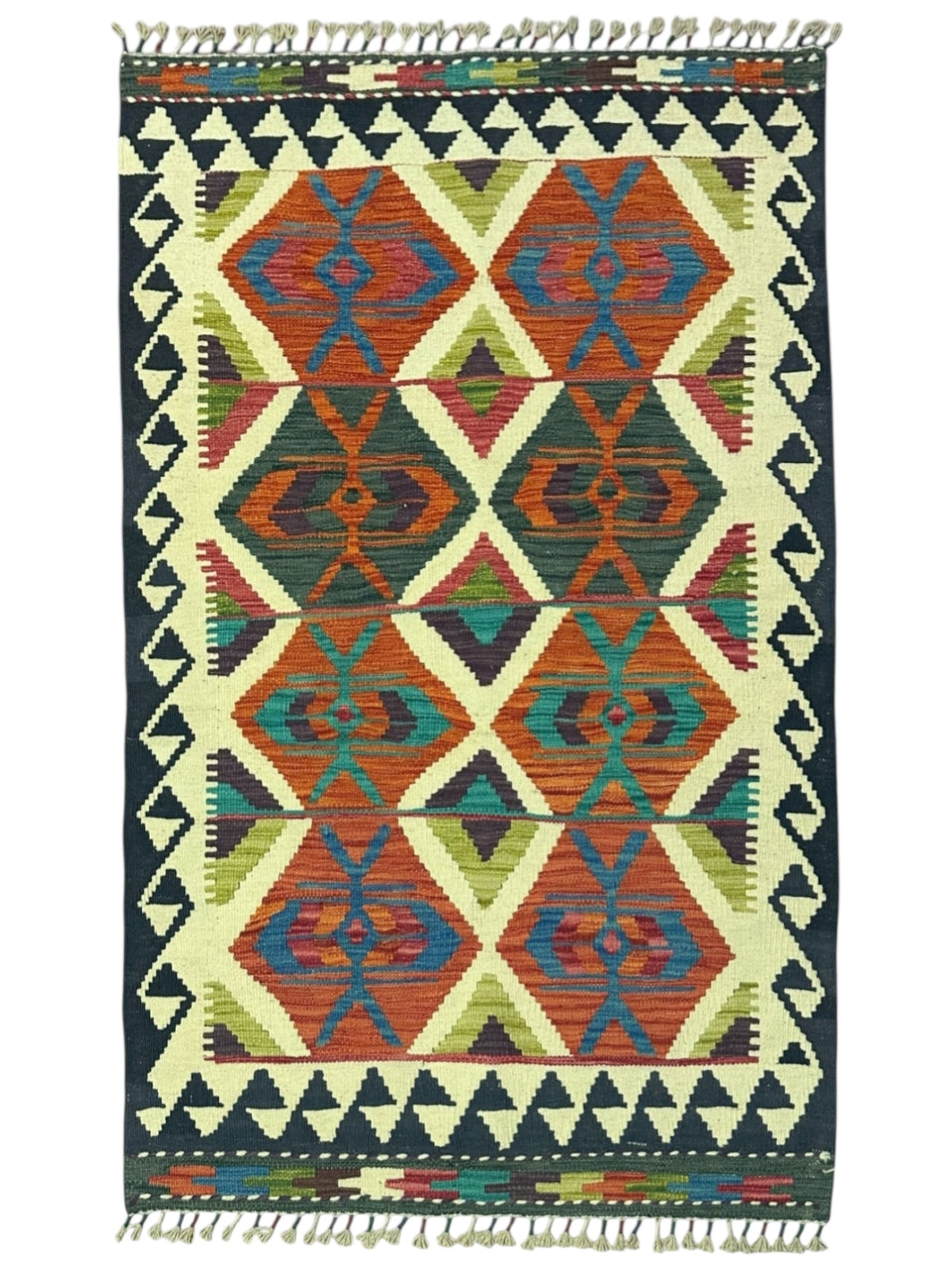 Afghan Kilim Rug 3x5, Rust, Ivory & Navy, Hand-Woven Wool Flatweave