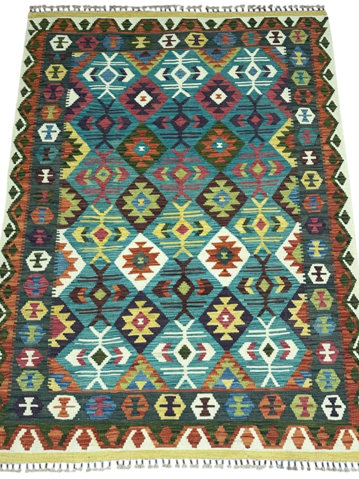 Afghan Kilim Rug 5x7, Teal, Rust & Green, Hand-Woven Wool Flatweave, view 2