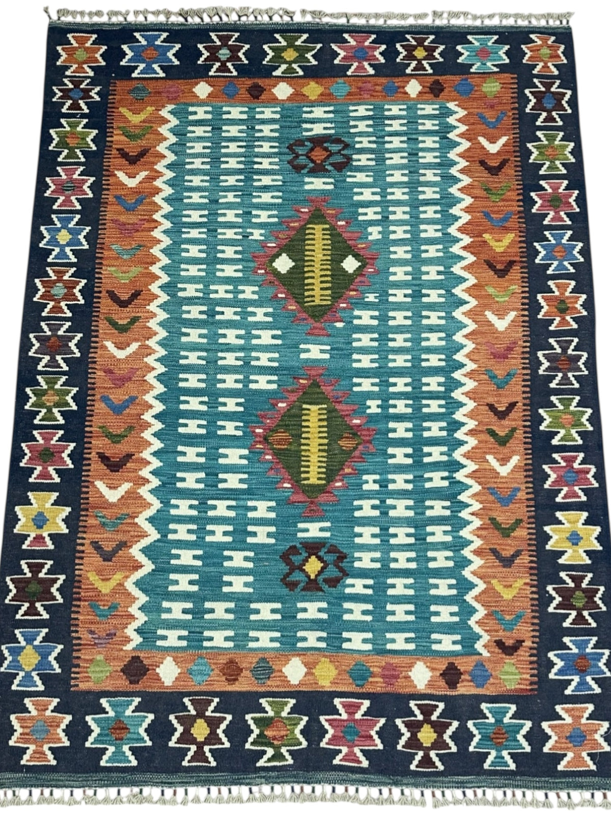 Afghan Kilim Rug 5x7, Teal, Navy & Rust, Hand-Woven Wool Flatweave, view 2