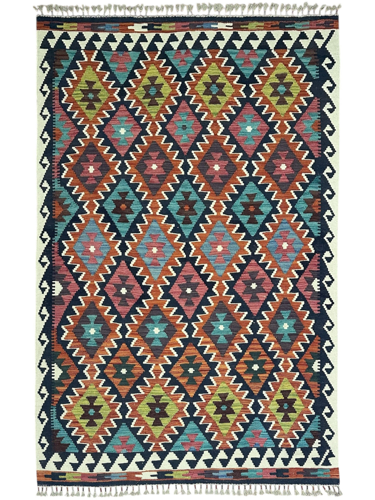 Afghan Kilim Rug 5x7, Navy, Rust & Teal, Hand-Woven Wool Flatweave