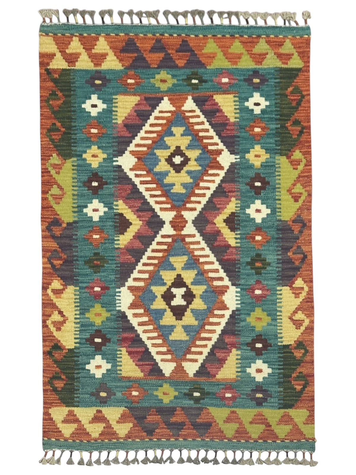 Afghan Kilim Rug 3x4, Teal, Rust & Ivory, Diamond Medallion Wool Flatweave