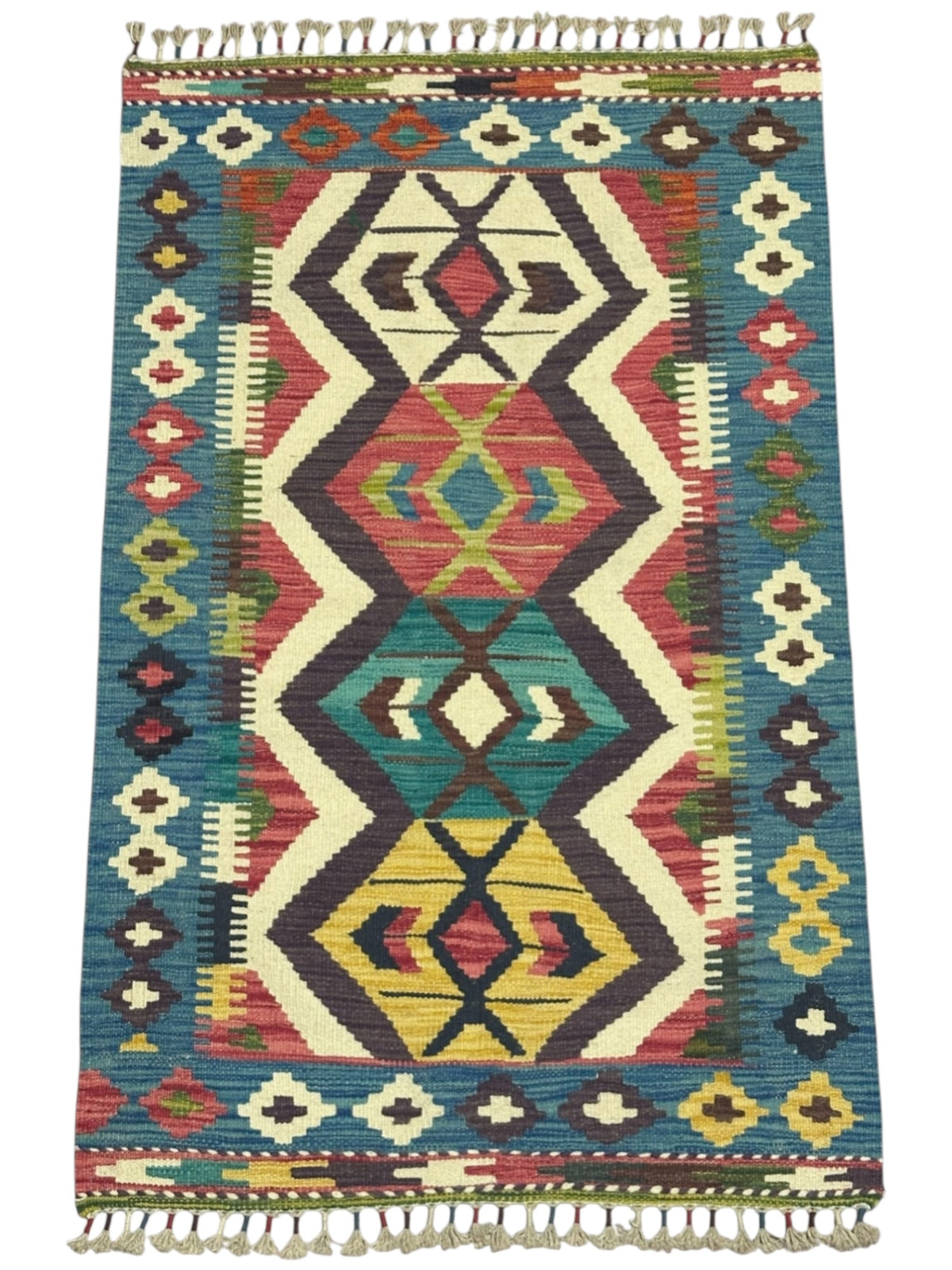 Afghan Kilim Rug 3x4, Blue, Ivory & Rust, Hand-Woven Wool Flatweave, view 2