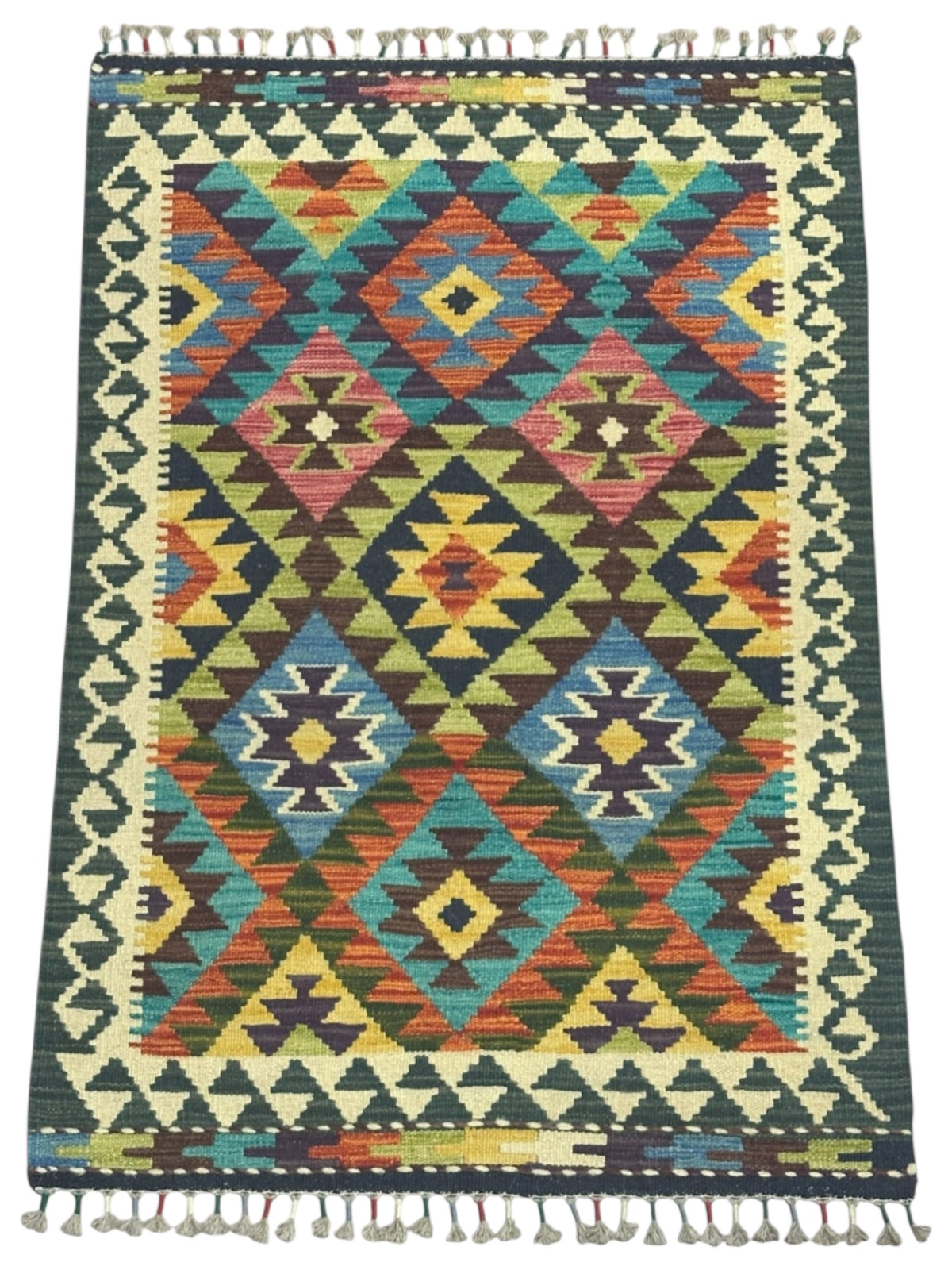 Afghan Kilim Rug 3x4, Navy, Ivory & Teal, Diamond Lattice Wool Flatweave, view 2