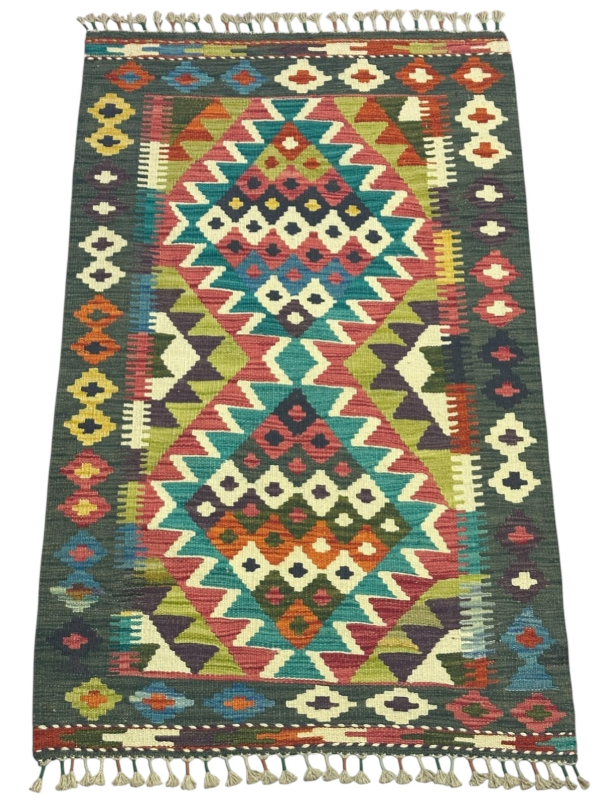 Afghan Kilim Rug 3x5, Green, Pink & Ivory, Hand-Woven Wool Flatweave, view 2