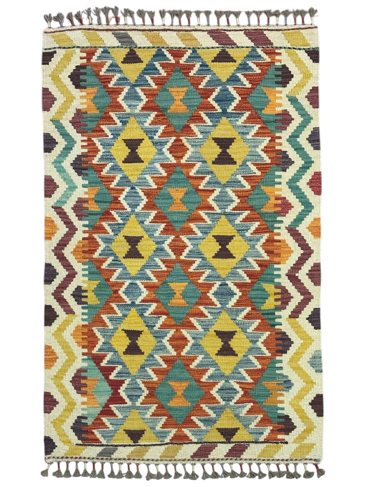 Afghan Kilim Rug 3x4, Ivory, Rust & Gold, Hand-Woven Wool Flatweave