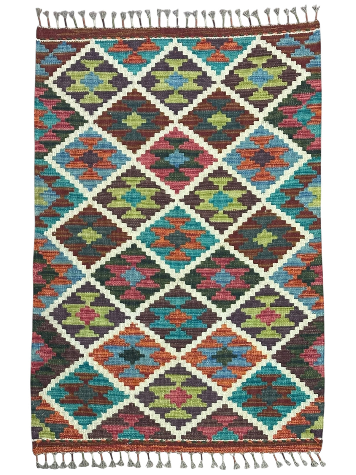 Afghan Kilim Rug 3x4, Brown, Ivory & Teal, Diamond Lattice Wool Flatweave, Olive Green Accents