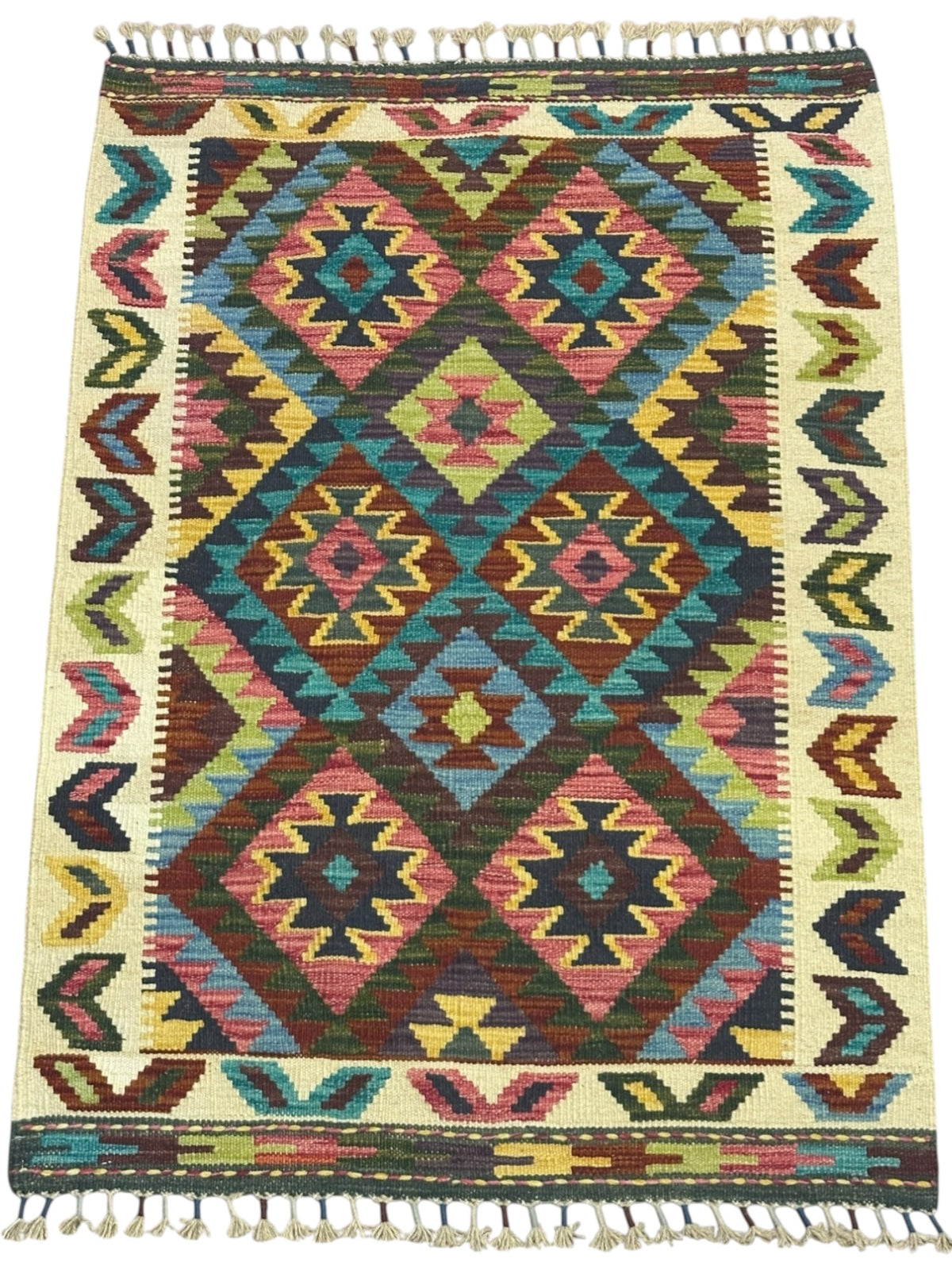 Afghan Kilim Rug 3x4, Ivory, Brown & Teal, Diamond Lattice Wool Flatweave, view 2