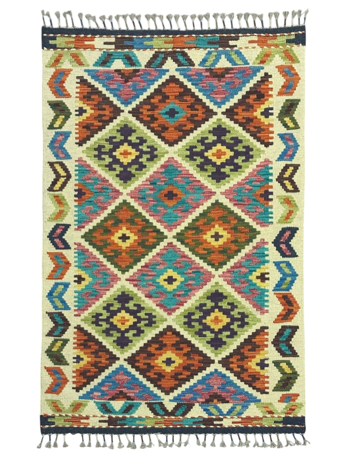 Afghan Kilim Rug 3x4, Ivory, Rust & Teal, Diamond Lattice Wool Flatweave