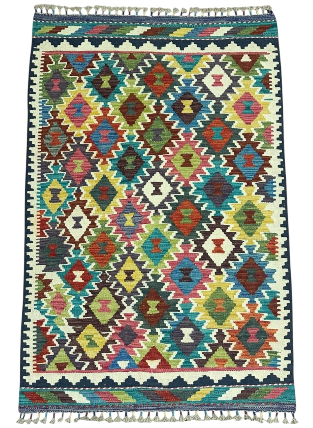 Afghan Kilim Rug 3x5, Ivory, Teal & Rust, Hand-Woven Wool Flatweave, view 2