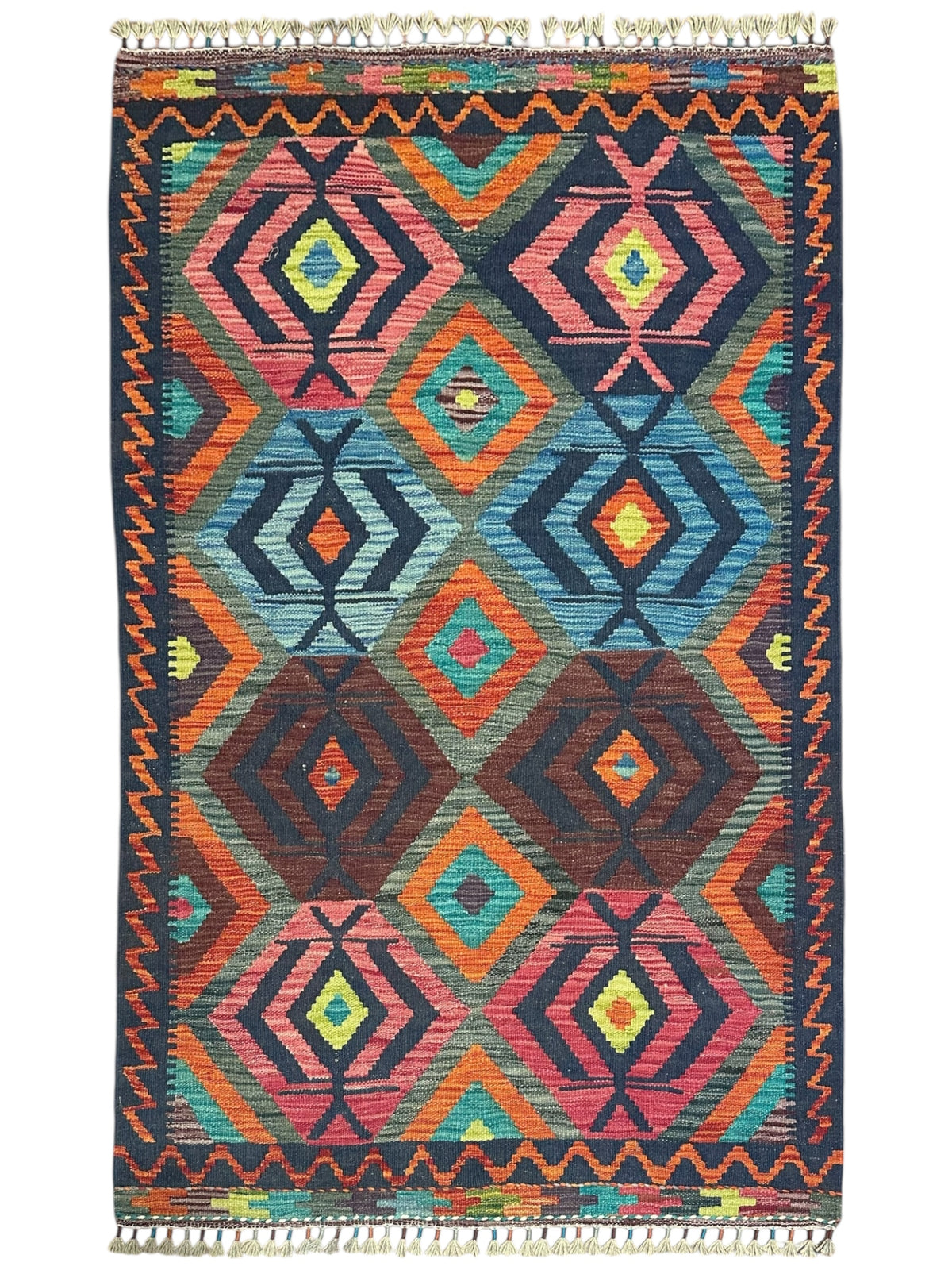 Afghan Kilim Rug 3x5, Navy, Pink & Orange, Hand-Woven Wool Flatweave