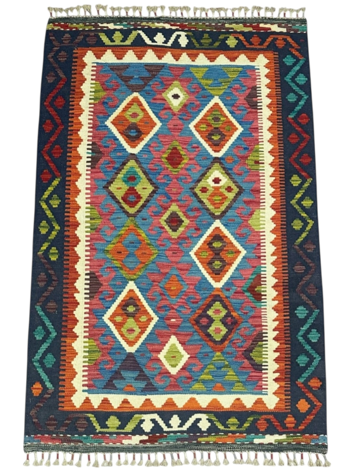 Afghan Kilim Rug 3x5, Navy, Pink & Blue, Hand-Woven Wool Flatweave, view 2