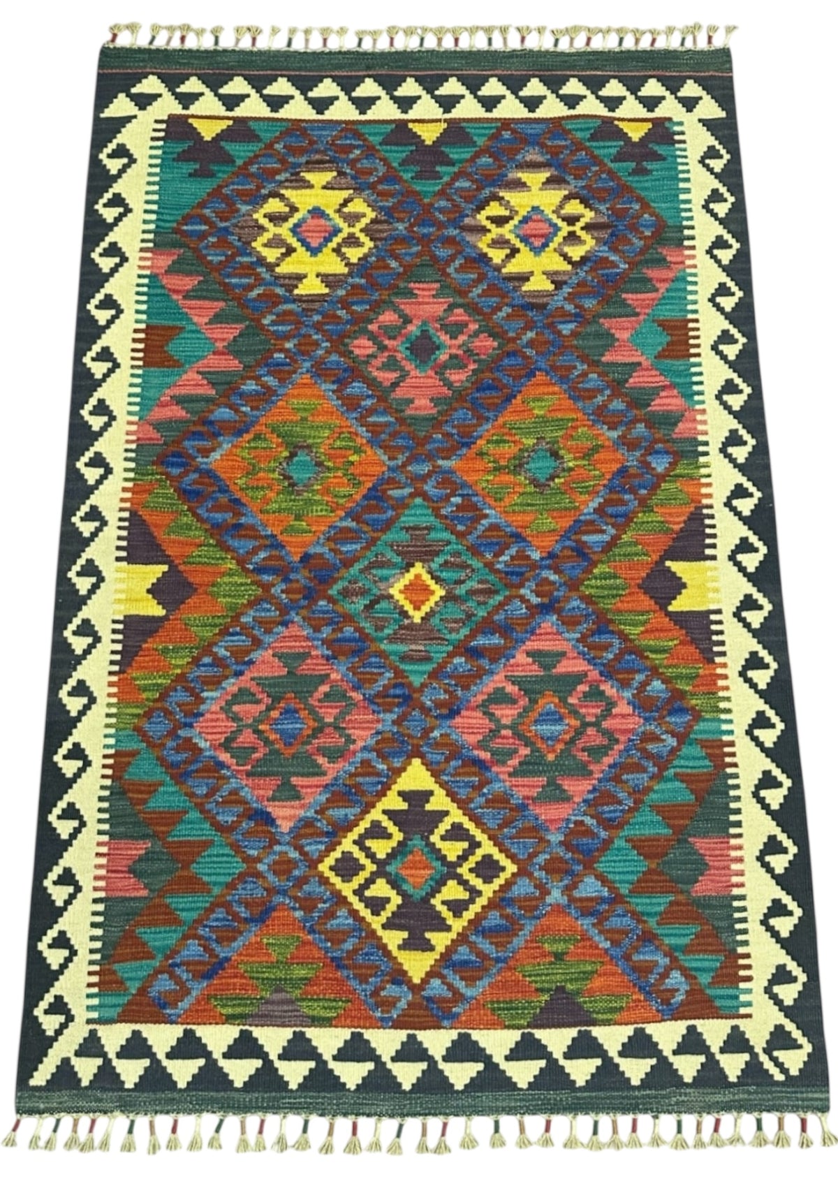 Afghan Kilim Rug 3x5, Teal, Navy & Rust, Diamond Lattice Wool Flatweave, view 2