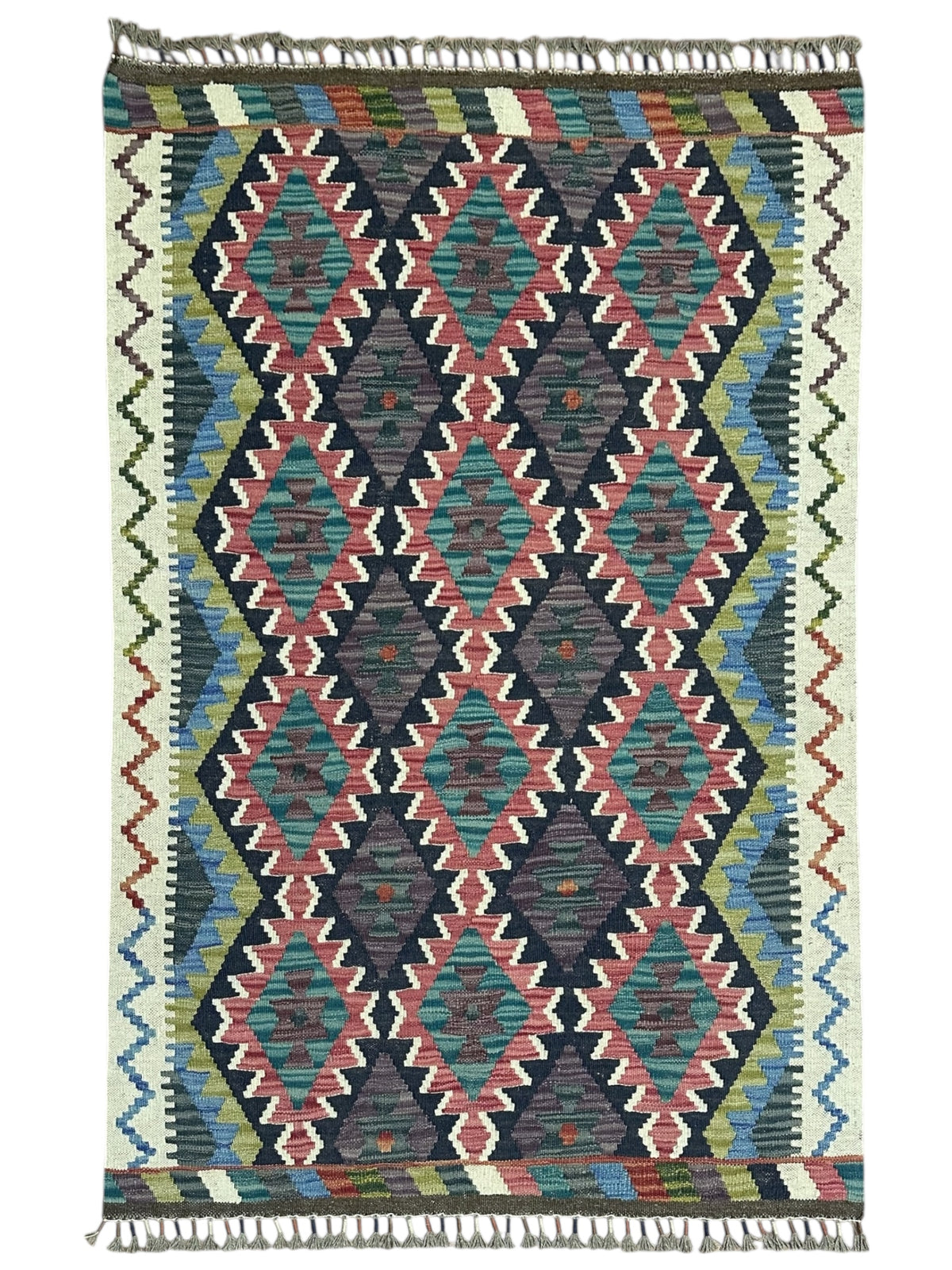 Afghan Kilim Rug 3x5, Navy, Ivory & Teal, Hand-Woven Wool Flatweave