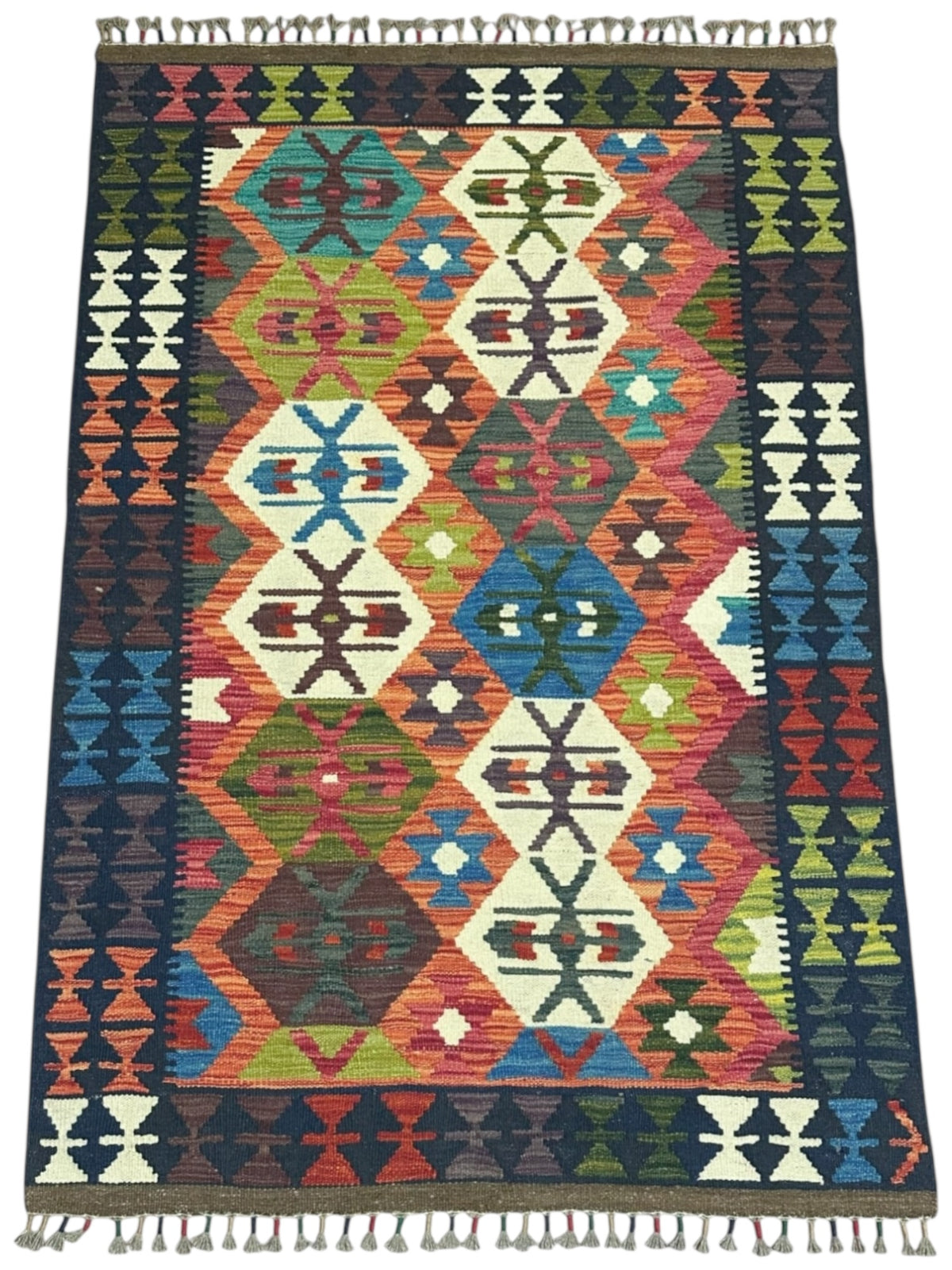 Afghan Kilim Rug 3x5, Rust, Navy & Ivory, Diamond Lattice Wool Flatweave, Blue Accents, view 2