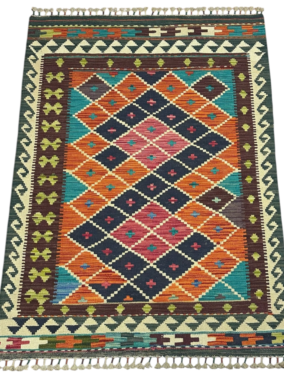 Afghan Kilim Rug 4x5, Rust, Navy & Ivory, Hand-Woven Wool Flatweave, view 2