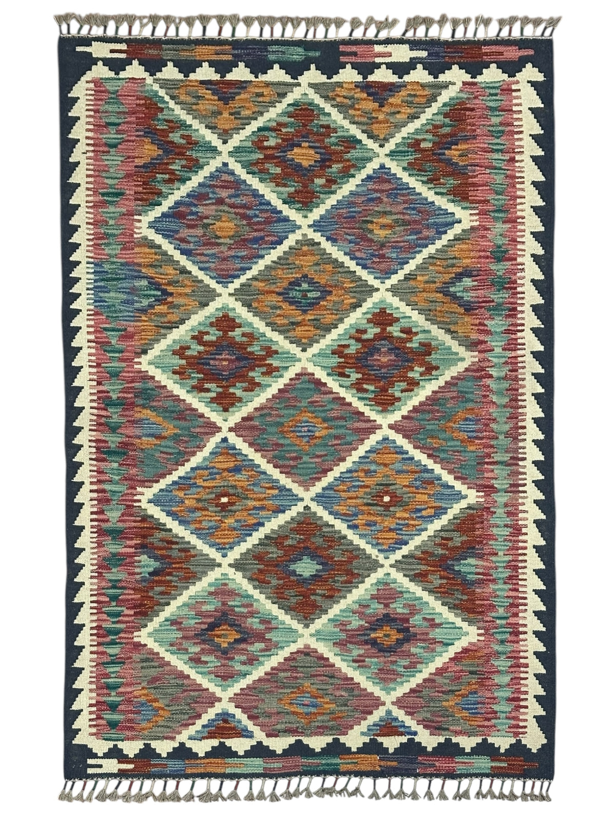 Afghan Kilim Rug 3x5, Ivory, Pink & Brown, Hand-Woven Wool Flatweave