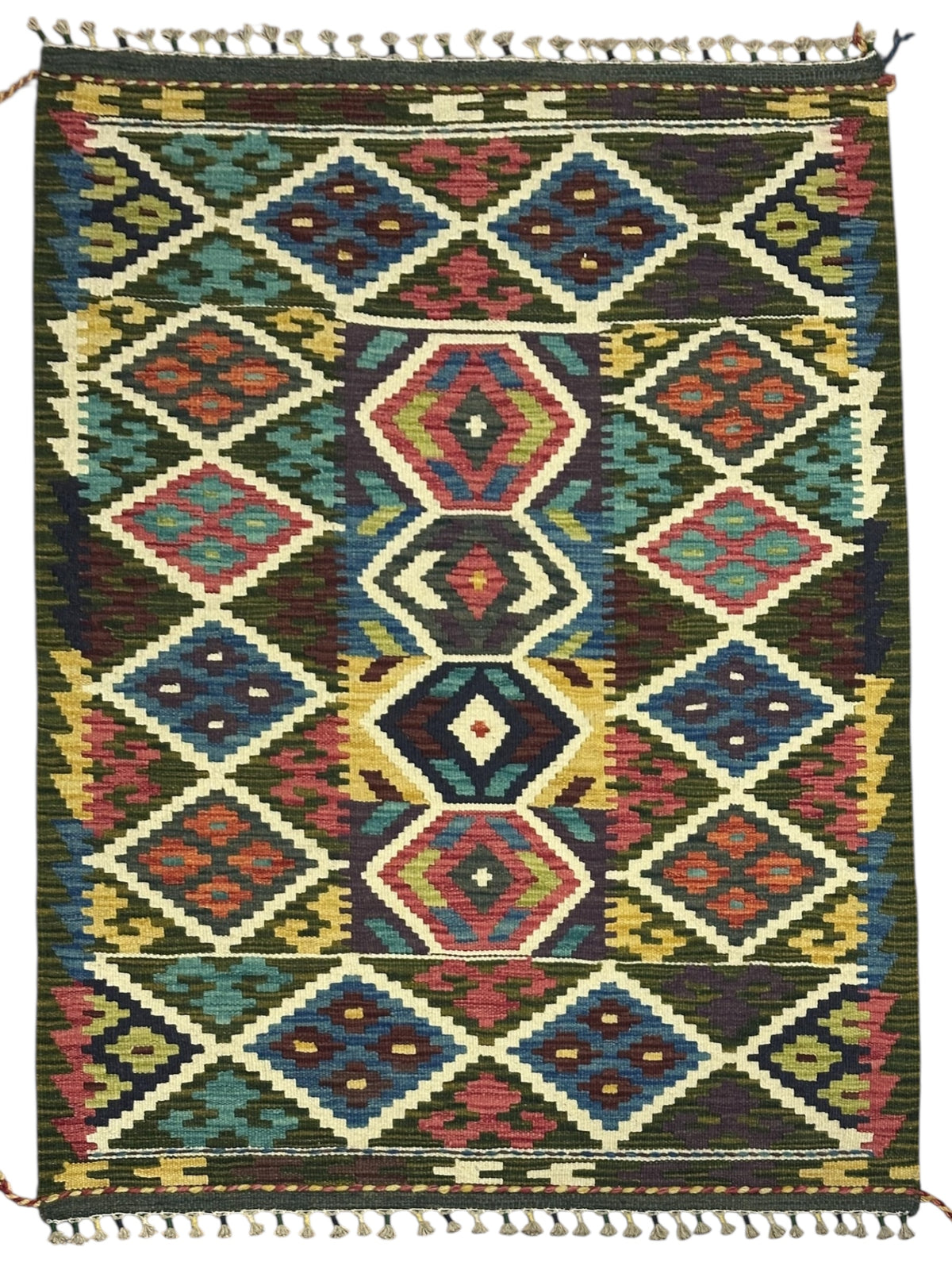 Afghan Kilim Rug 3x5, Brown, Ivory & Teal, Hand-Woven Wool Flatweave