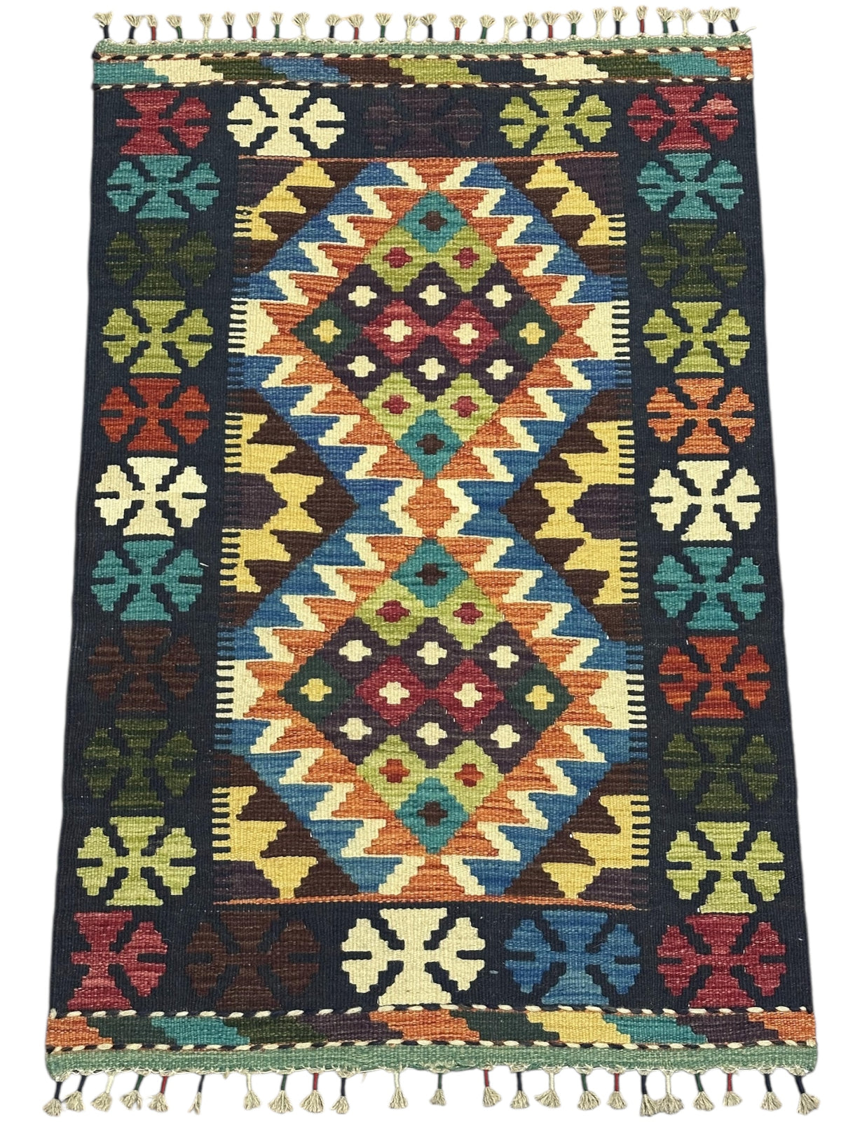 Afghan Kilim Rug 3x4, Navy, Orange & Teal, Diamond Medallion Wool Flatweave, view 2