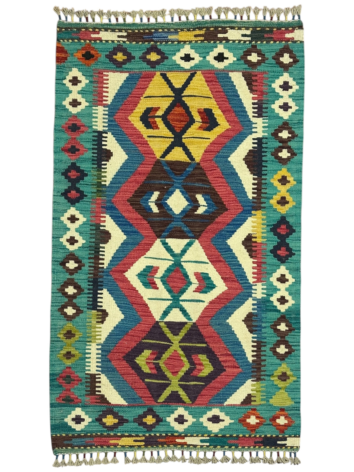 Afghan Kilim Rug 3x4, Teal, Ivory & Pink, Hand-Woven Wool Flatweave