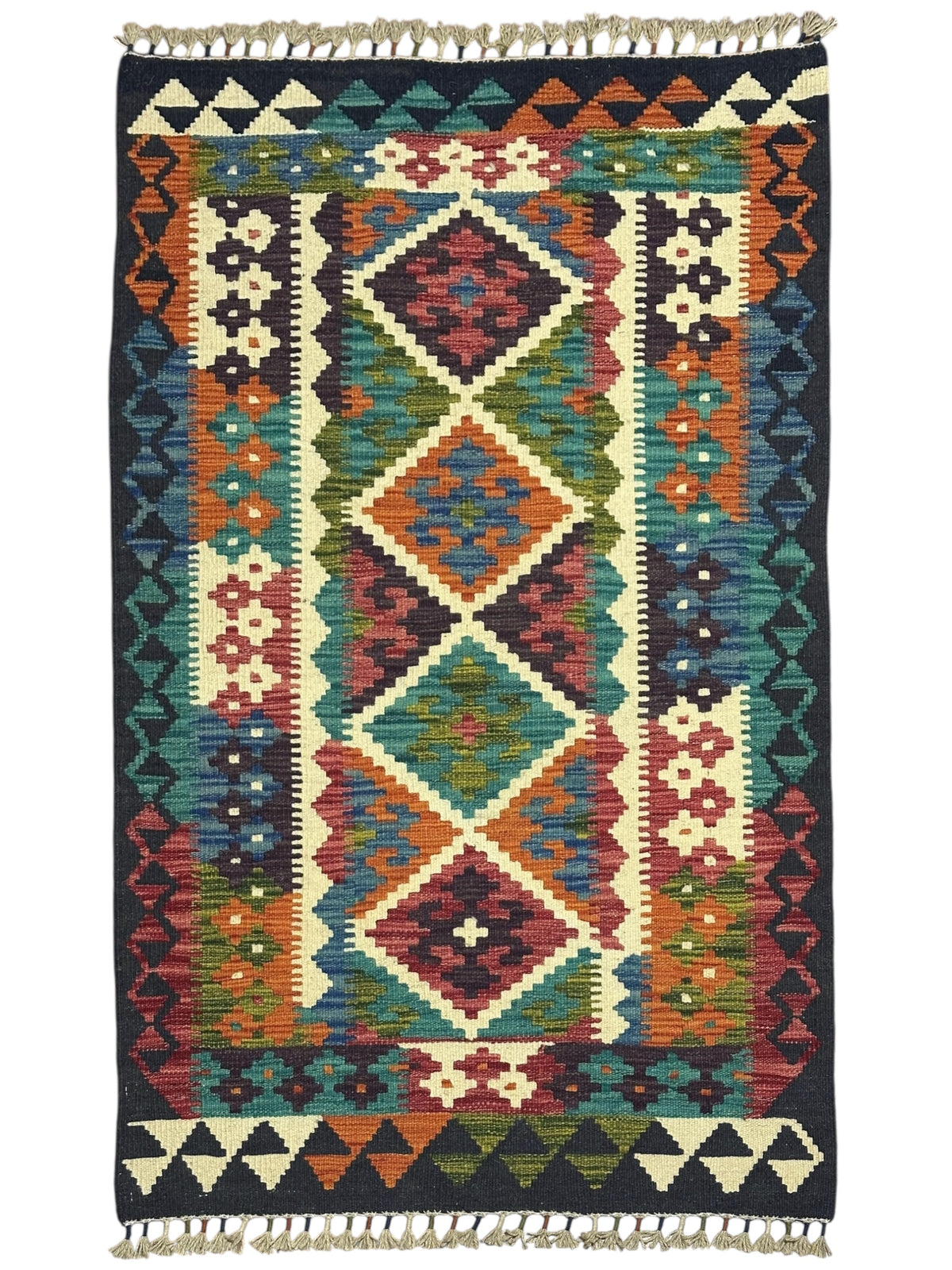 Afghan Kilim Rug 3x4, Navy, Ivory & Rust, Diamond Medallion Wool Flatweave