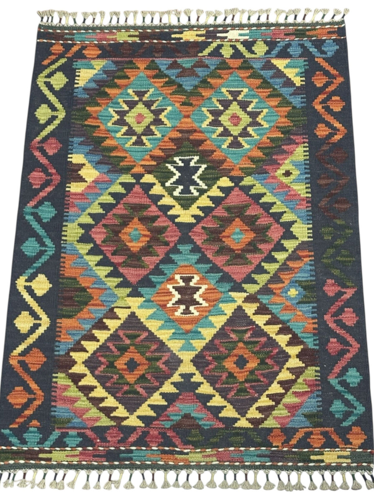 Afghan Kilim Rug 3x4, Navy, Teal & Pink, Hand-Woven Wool Flatweave, view 2