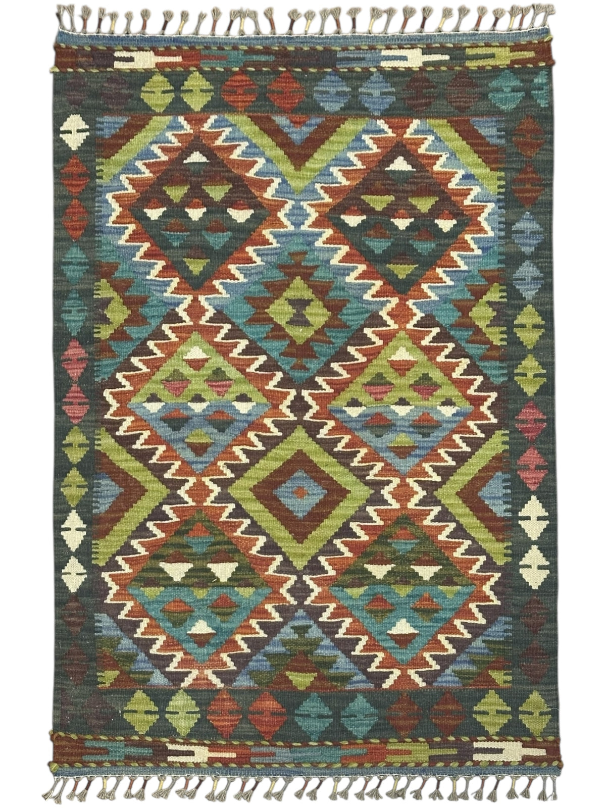 Afghan Kilim Rug 3x4, Teal, Rust & Olive Green, Diamond Lattice Wool Flatweave