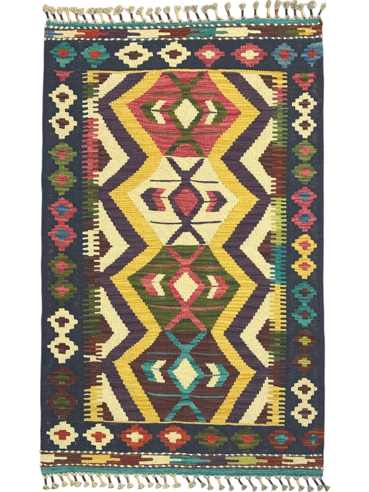 Afghan Kilim Rug 3x4, Navy, Gold & Ivory, Diamond Medallion Wool Flatweave