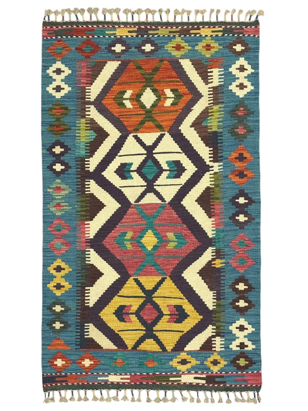 Afghan Kilim Rug 3x4, Blue, Ivory & Rust, Diamond Medallion Wool Flatweave