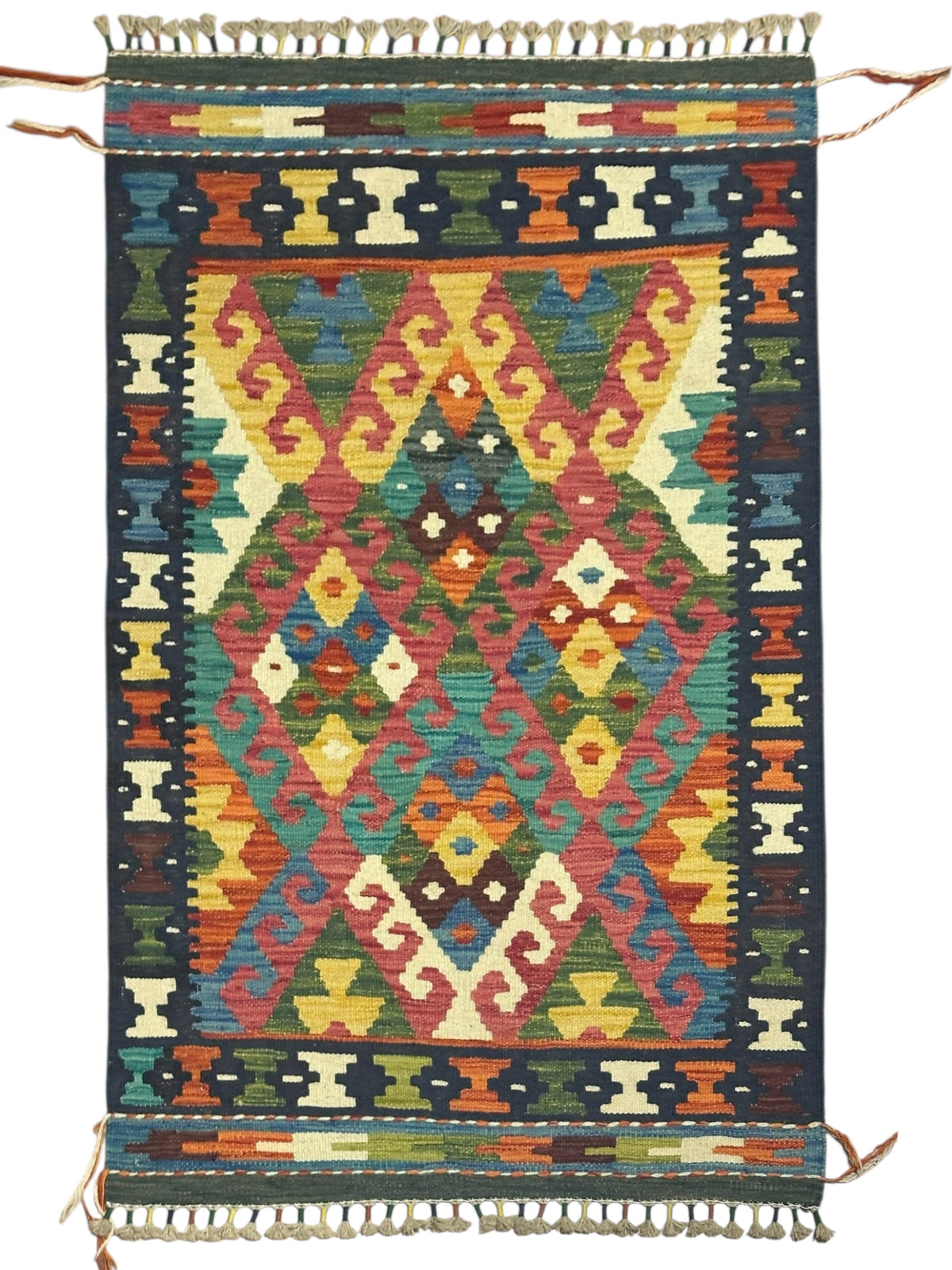 Afghan Kilim Rug 3x4, Navy, Gold & Pink, Hand-Woven Wool Flatweave