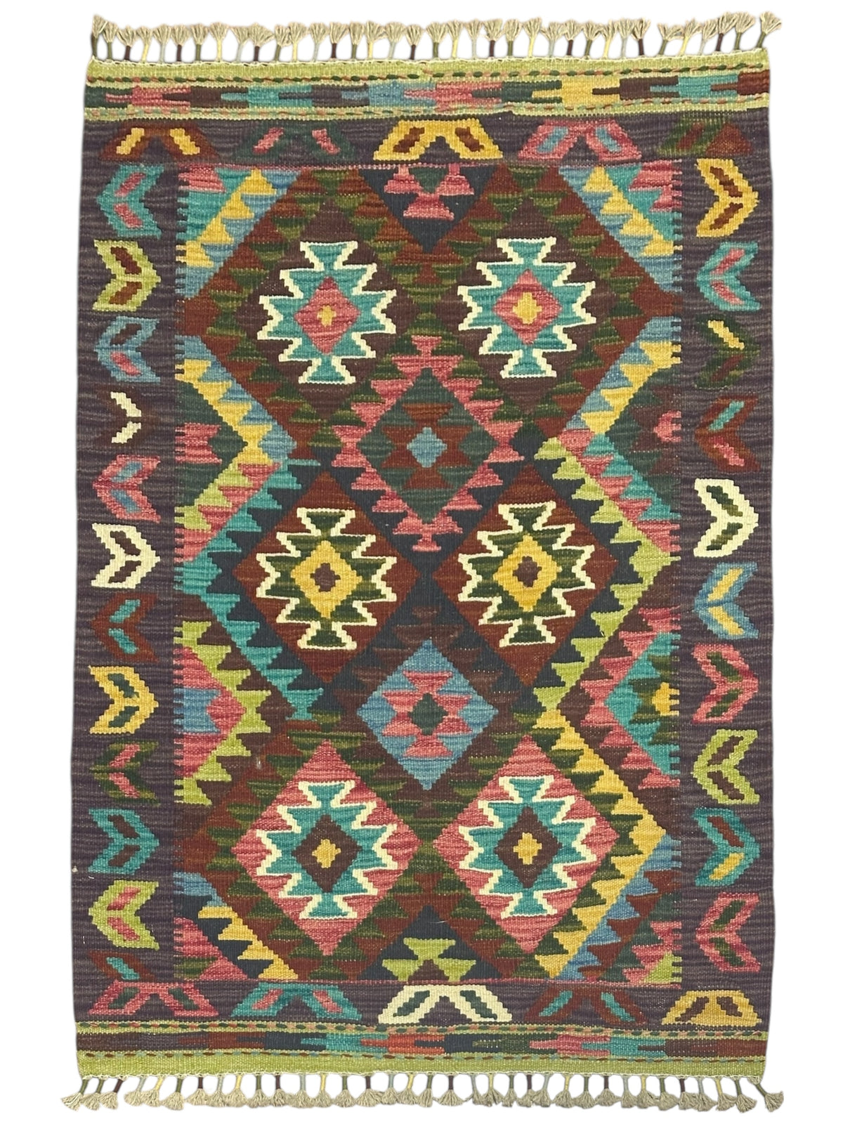 Afghan Kilim Rug 3x4, Brown, Teal & Pink, Diamond Lattice Wool Flatweave