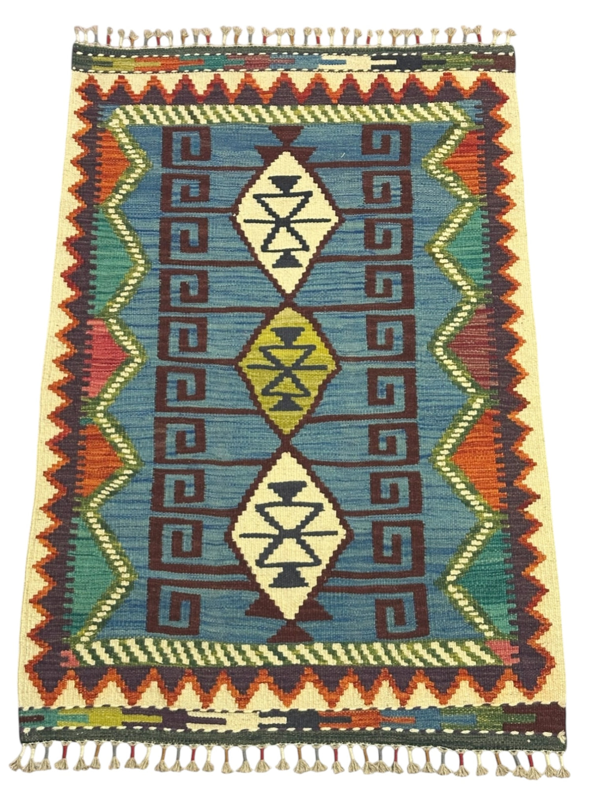 Afghan Kilim Rug 3x4, Blue, Ivory & Brown, Hand-Woven Wool Flatweave, view 2