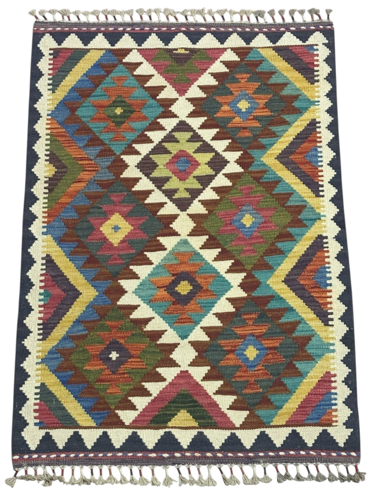 Afghan Kilim Rug 3x4, Brown, Ivory & Teal, Diamond Lattice Wool Flatweave, Olive Green Accents, view 2