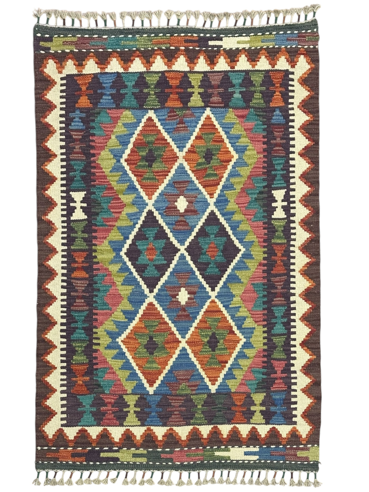 Afghan Kilim Rug 3x4, Rust, Navy & Ivory, Hand-Woven Wool Flatweave