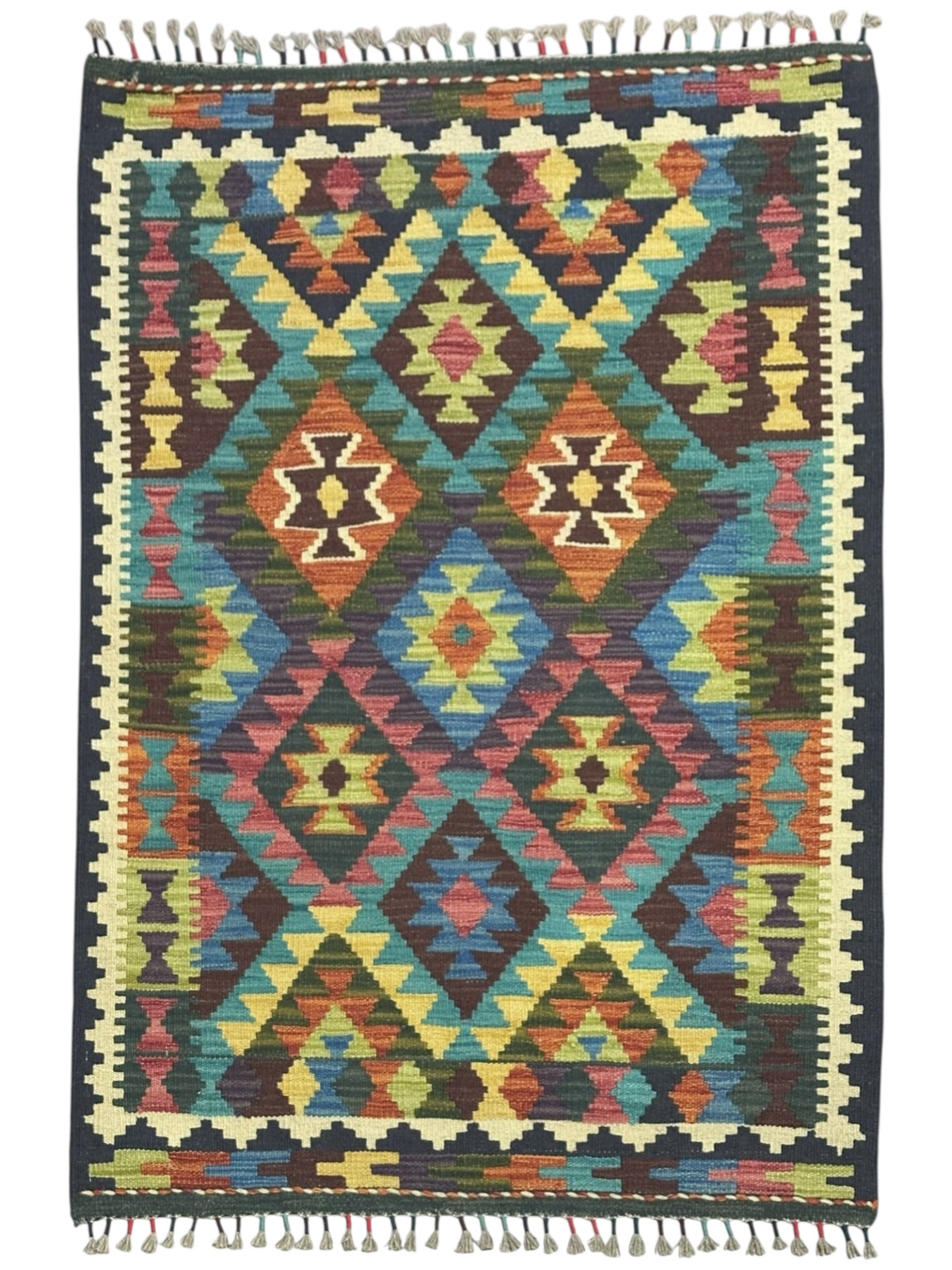 Afghan Kilim Rug 3x4, Navy, Teal & Ivory, Hand-Woven Wool Flatweave