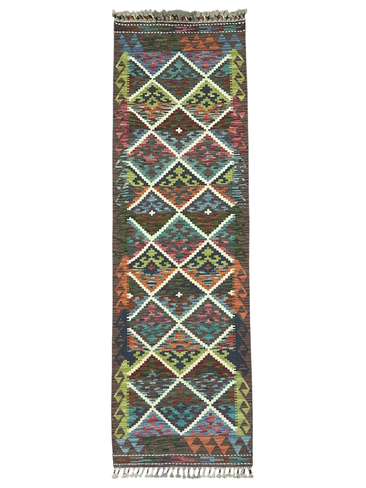 Afghan Kilim Runner 2x7, Teal, Brown & Ivory, Hand-Woven Wool Flatweave