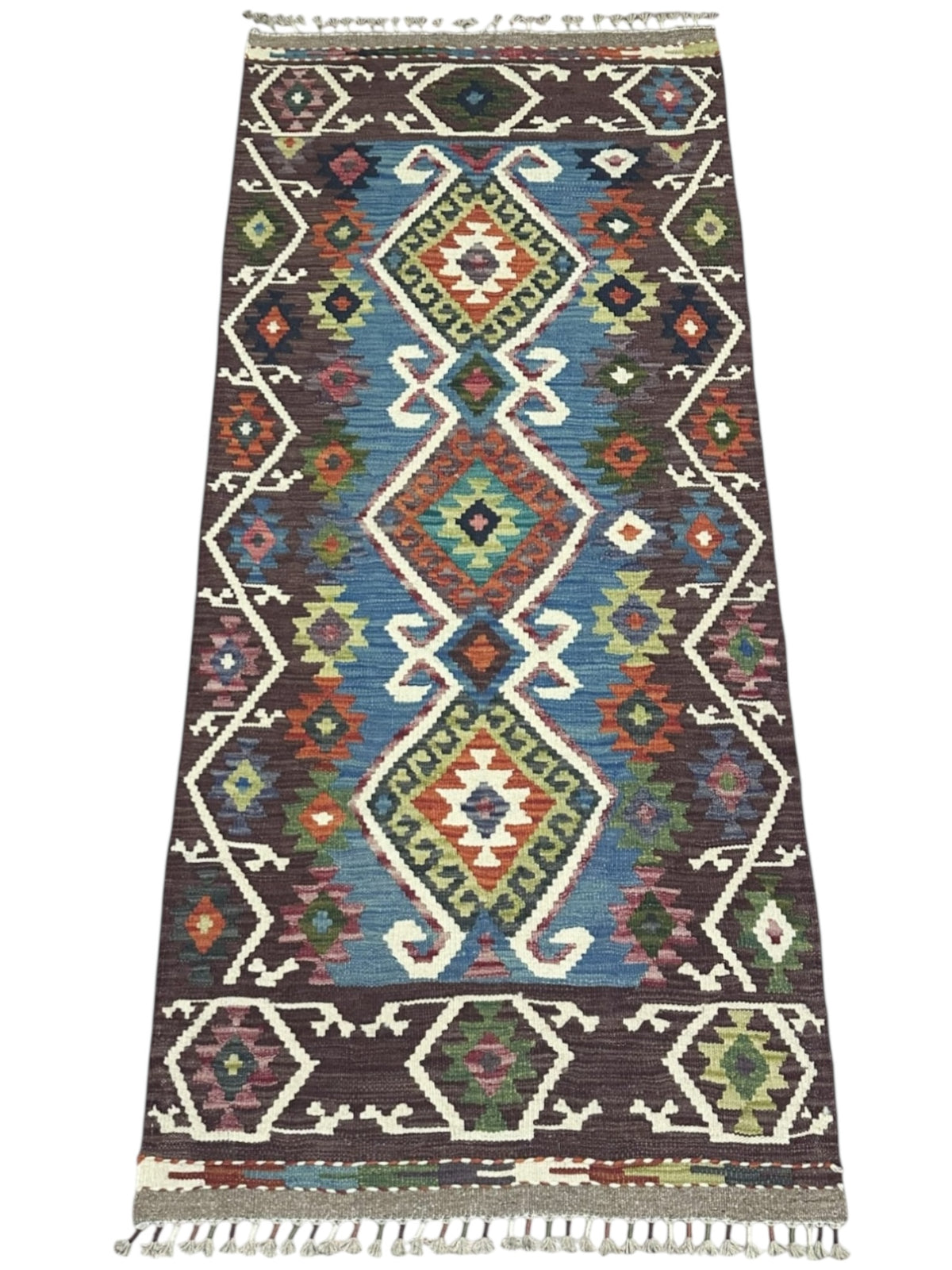Afghan Kilim Runner 3x6, Brown, Blue & Ivory, Hand-Woven Wool Flatweave, view 2
