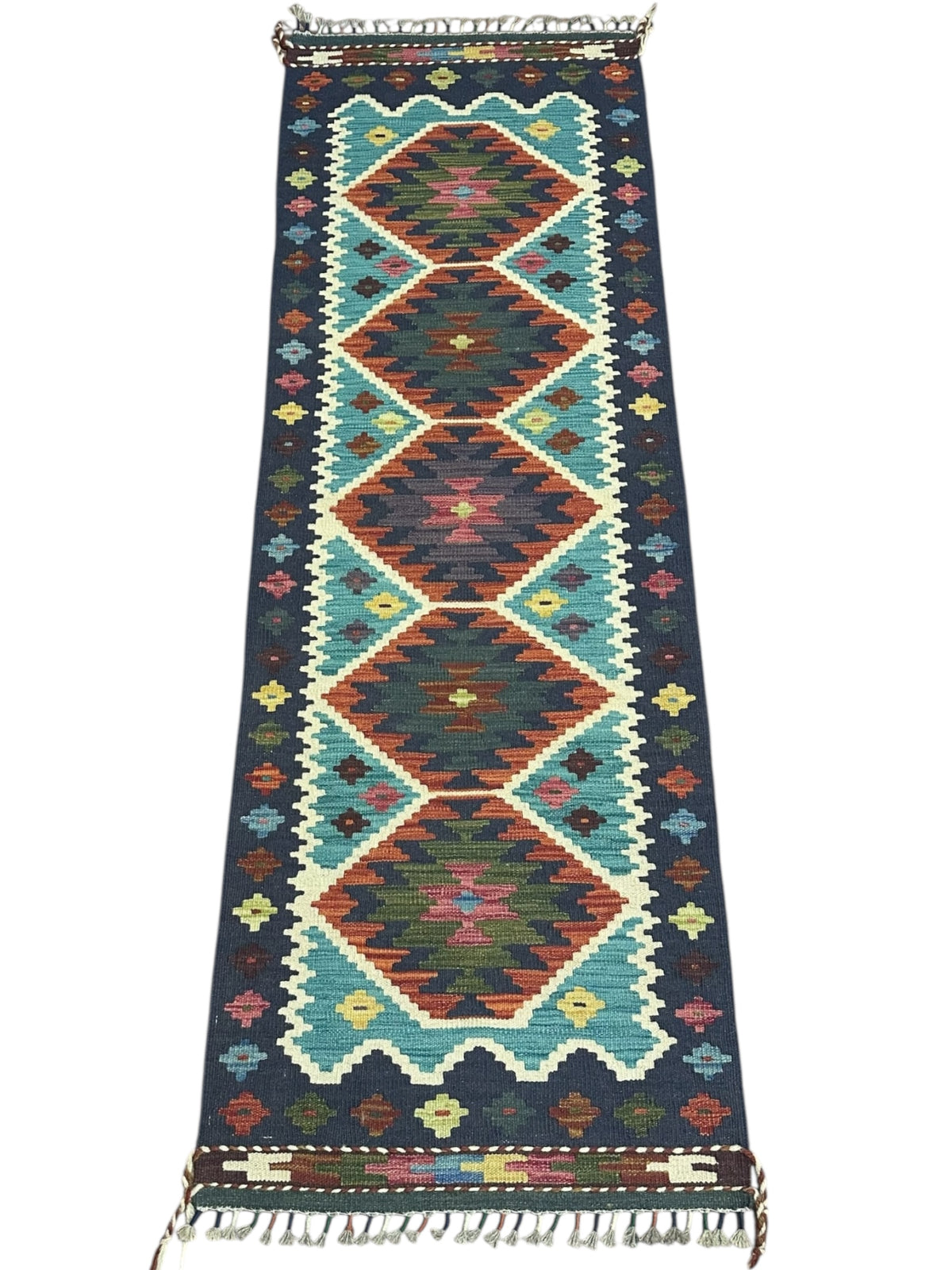 Afghan Kilim Runner 2x7, Navy, Teal & Rust, Hand-Woven Wool Flatweave, view 2