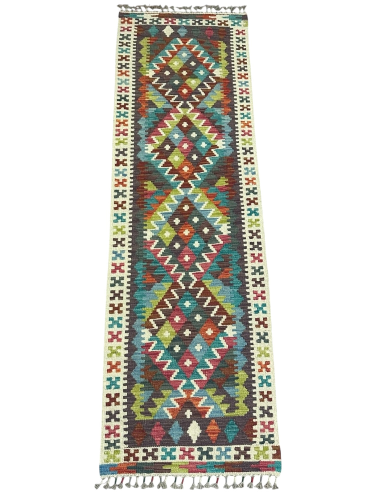 Afghan Kilim Runner 2x7, Brown, Ivory & Teal, Diamond Medallion Wool Flatweave, view 2