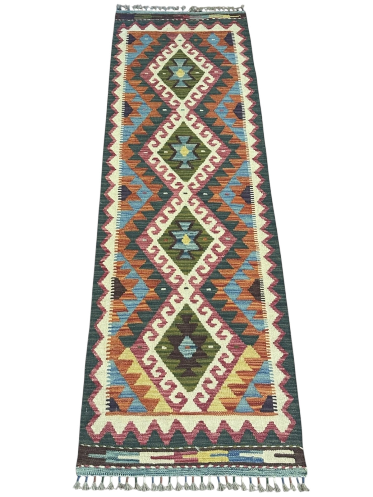 Afghan Kilim Runner 2x7, Rust, Blue & Ivory, Hand-Woven Wool Flatweave, view 2