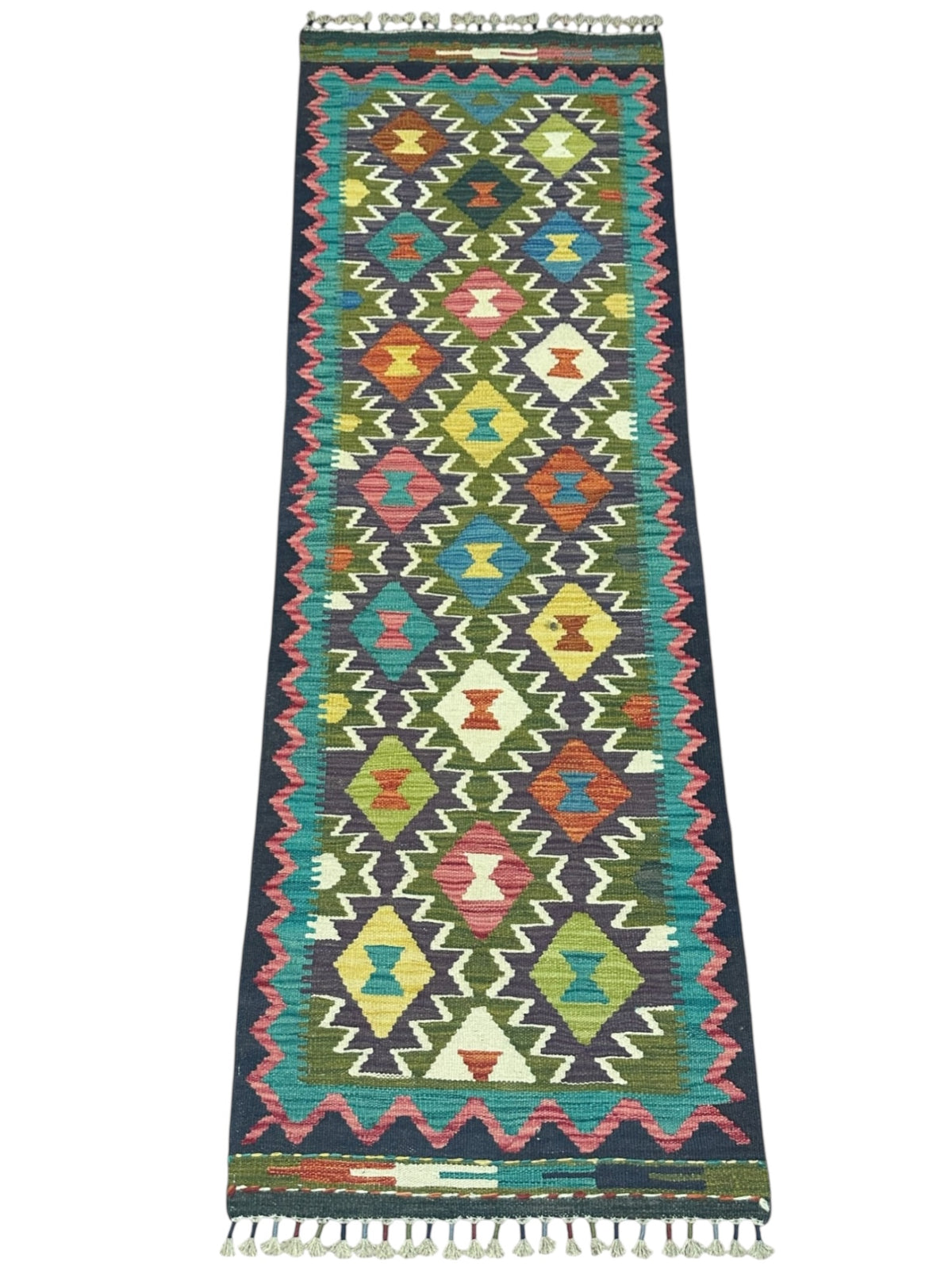 Afghan Kilim Runner 2x7, Olive Green, Teal & Ivory, Hand-Woven Wool Flatweave, view 2