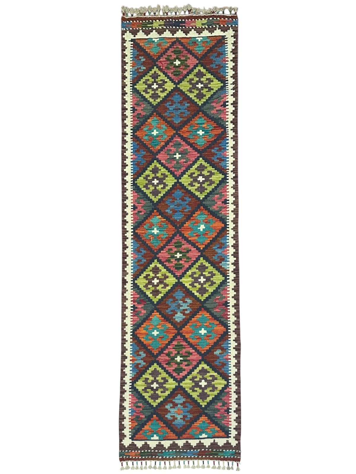 Afghan Kilim Runner 2x7, Brown, Pink & Olive Green, Hand-Woven Wool Flatweave