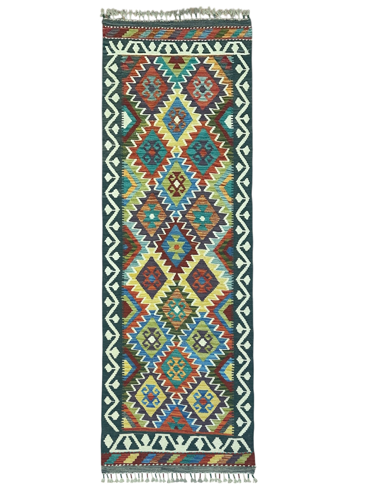 Afghan Kilim Runner 3x7, Teal, Rust & Ivory, Hand-Woven Wool Flatweave