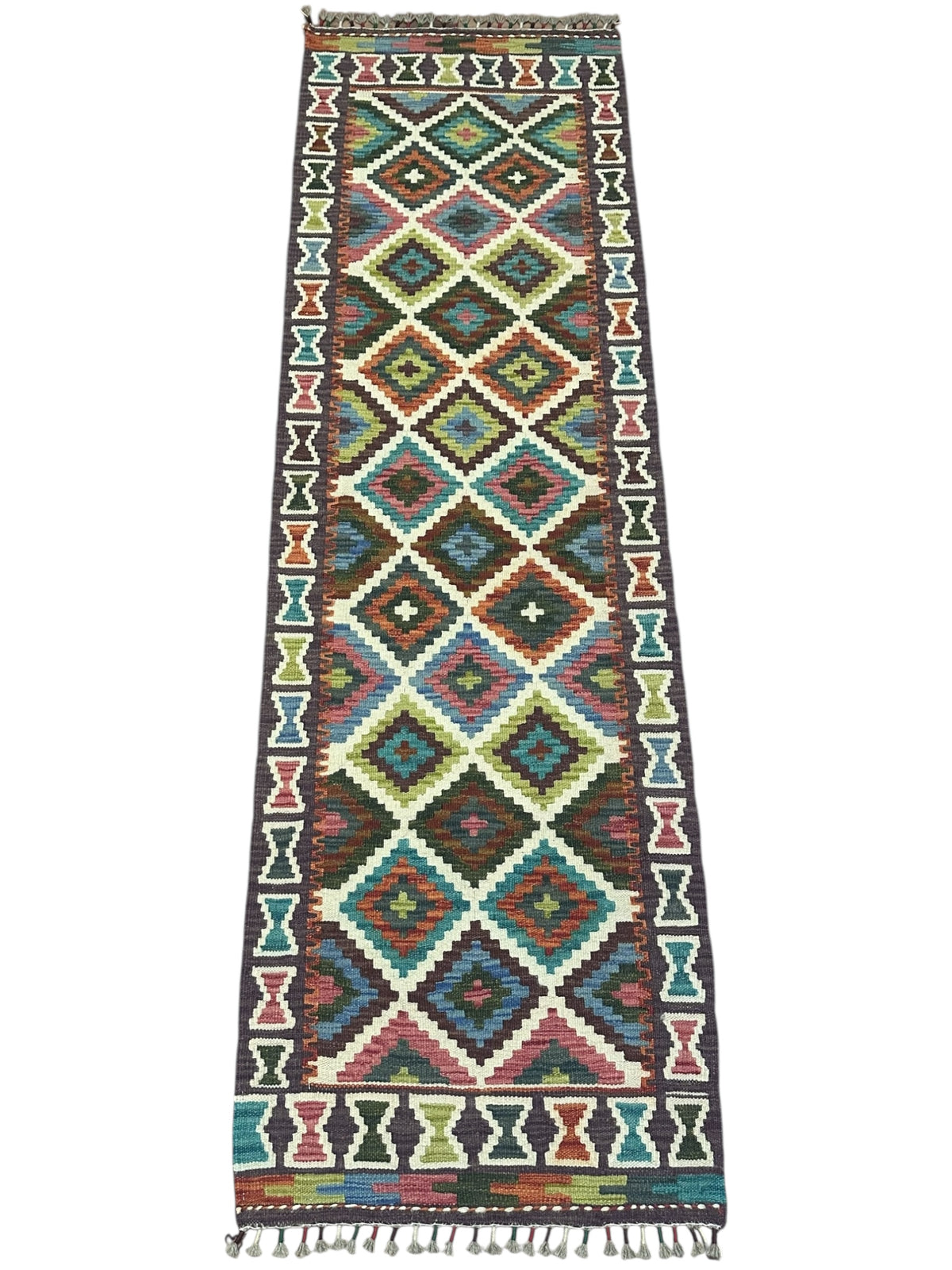 Afghan Kilim Runner 2x7, Brown, Ivory & Teal, Hand-Woven Wool Flatweave, view 2